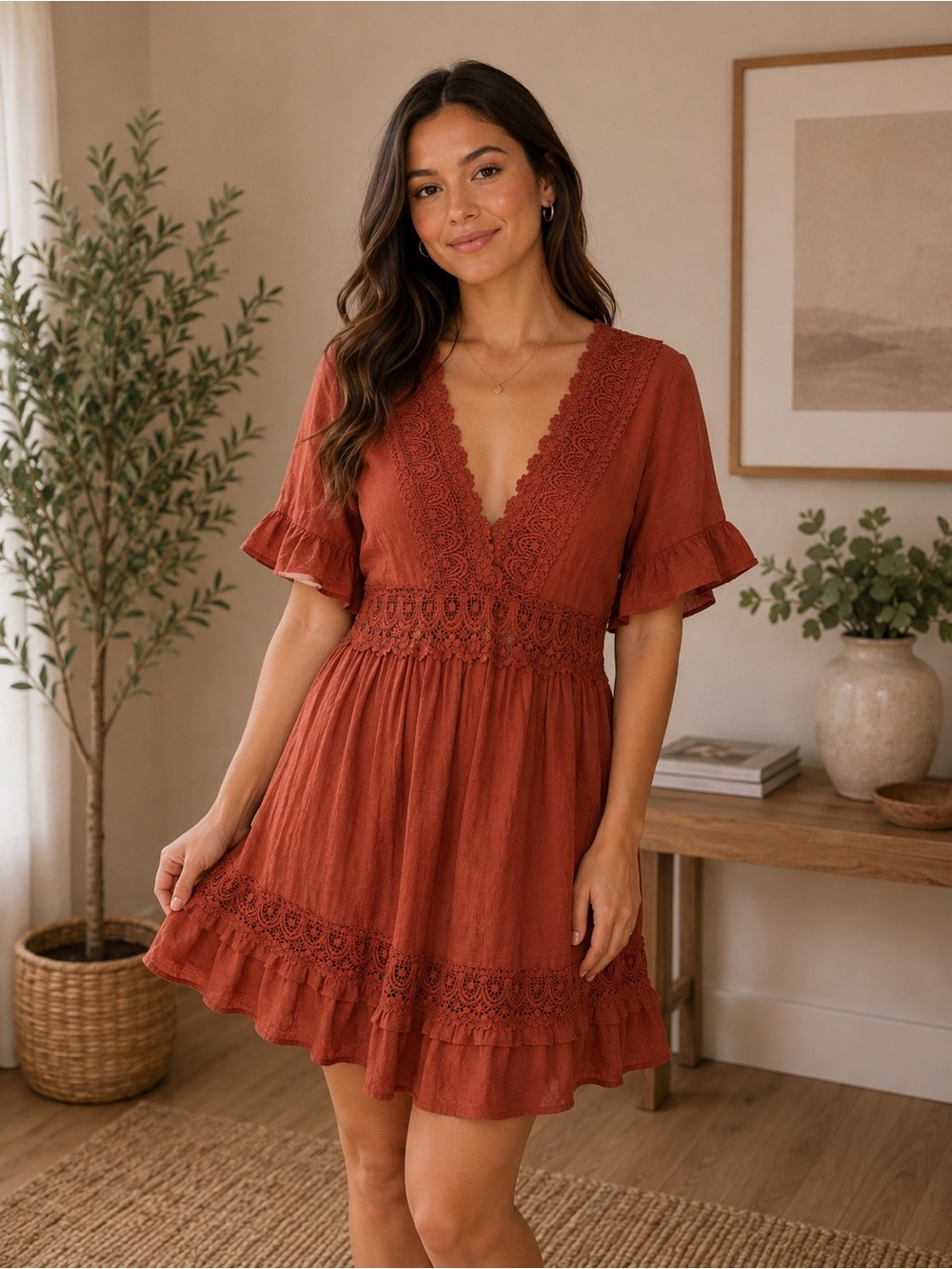 WISHLIST APPAREL Rust Lace-Trim V-Neck Mini Dress